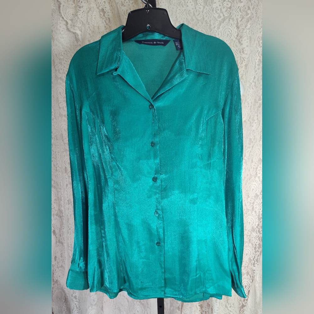 Preston & York in a shimmer Jade Green blouse